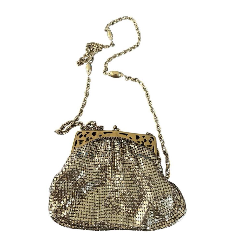 Vintage Whiting & David Goldtone Evening Bag On Long Chain USA